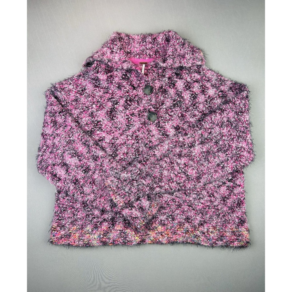 Free People Women's M Stellar Oversized Cozy Neon Pullover Sweater Button Collar